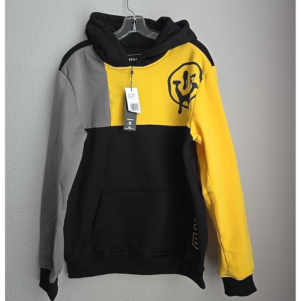 Reason Clothing Mens Colorblock Smiley Face Hoodie Black Yellow Grey Size M